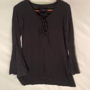 Blue Life Tunic Top Flare Sleeve Lace Front Black XS